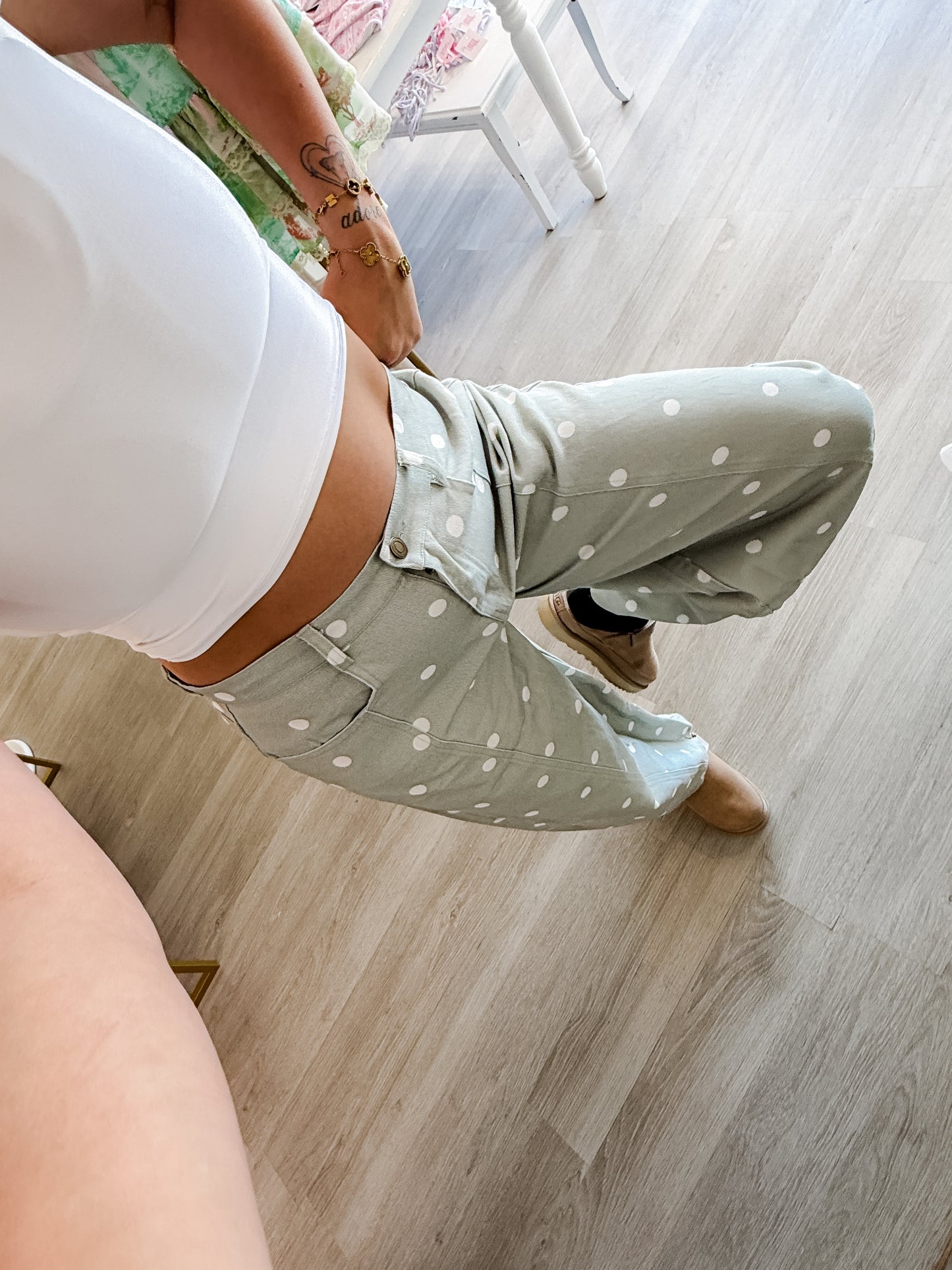 Sage Polka Dot Printed Wide Denim Pants