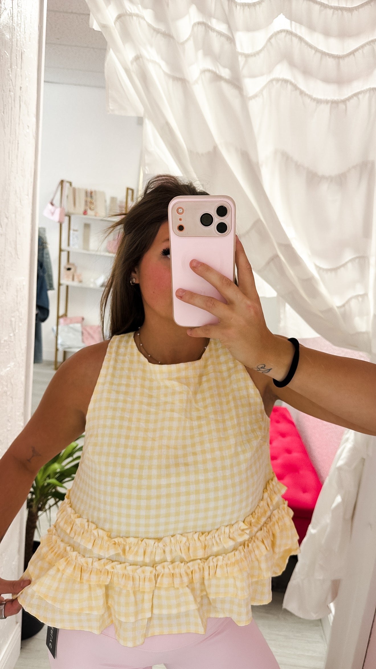 Sleeveless Textured Gingham Top W/tiered Ruffle & Back Tie