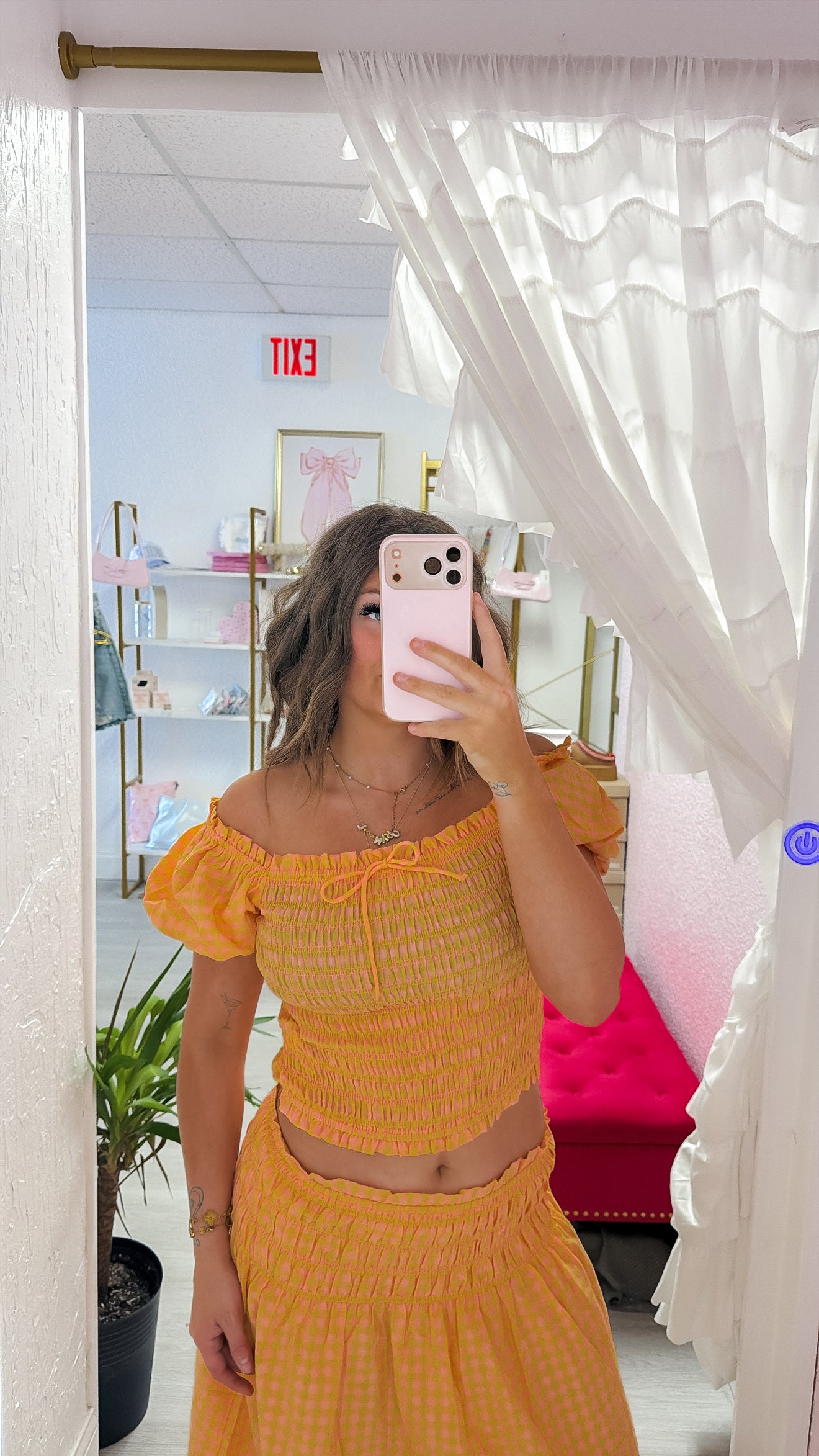 Gingham Smocked Bodice Bubble Sleeve Top W/ Tie Gingham Smocked Bodice Bubble Sleeve Top W/ Tie