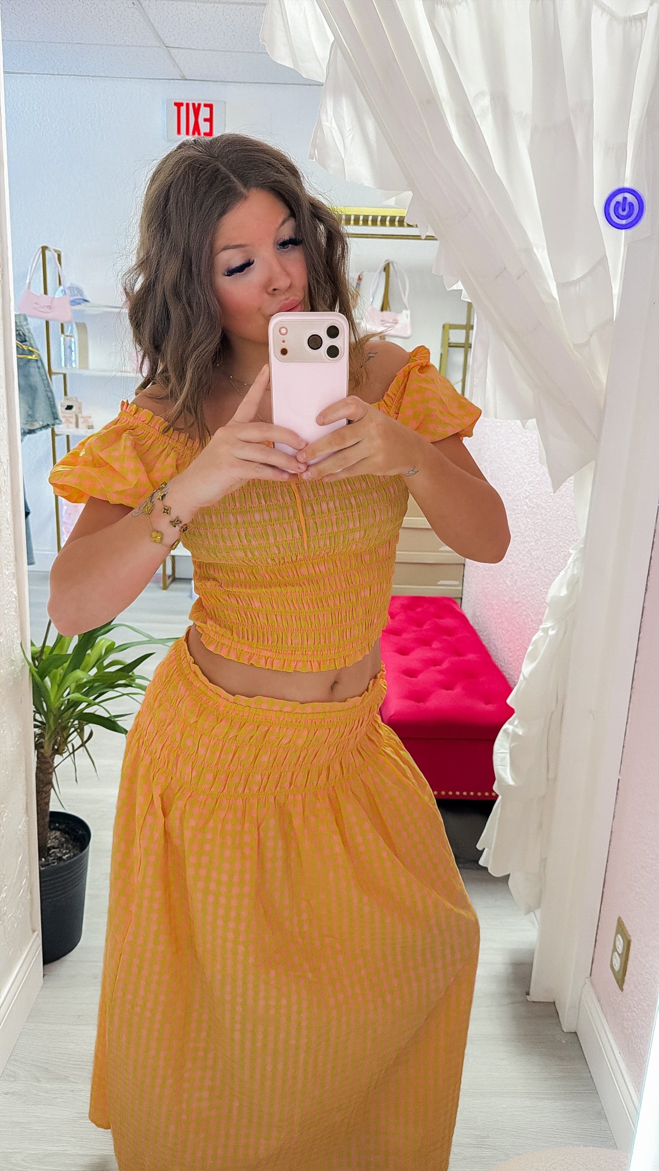 Gingham Smocked Waist Midi Skirt