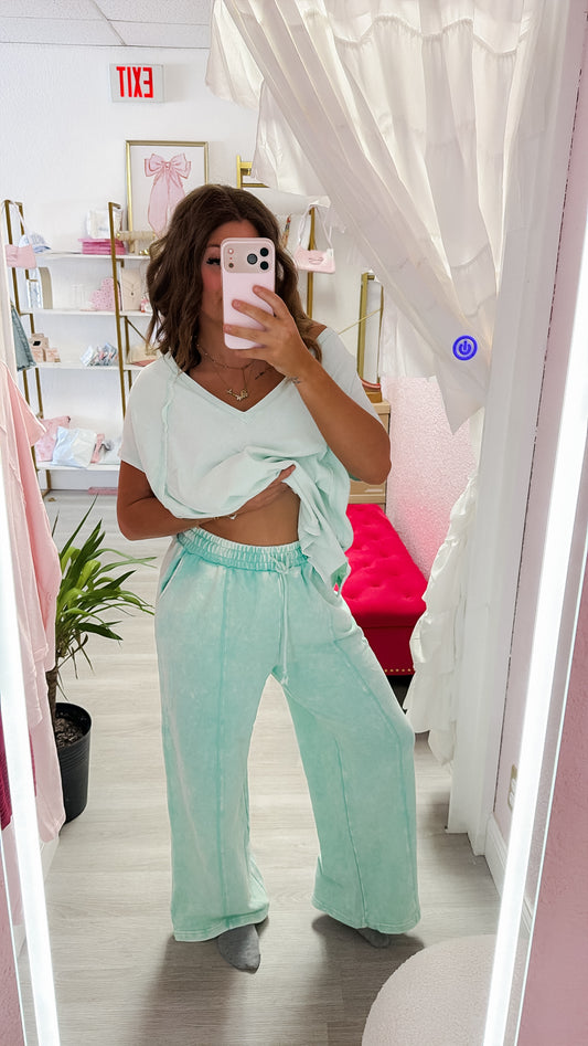 Mint Acid Wash Terry Wide Leg Pant