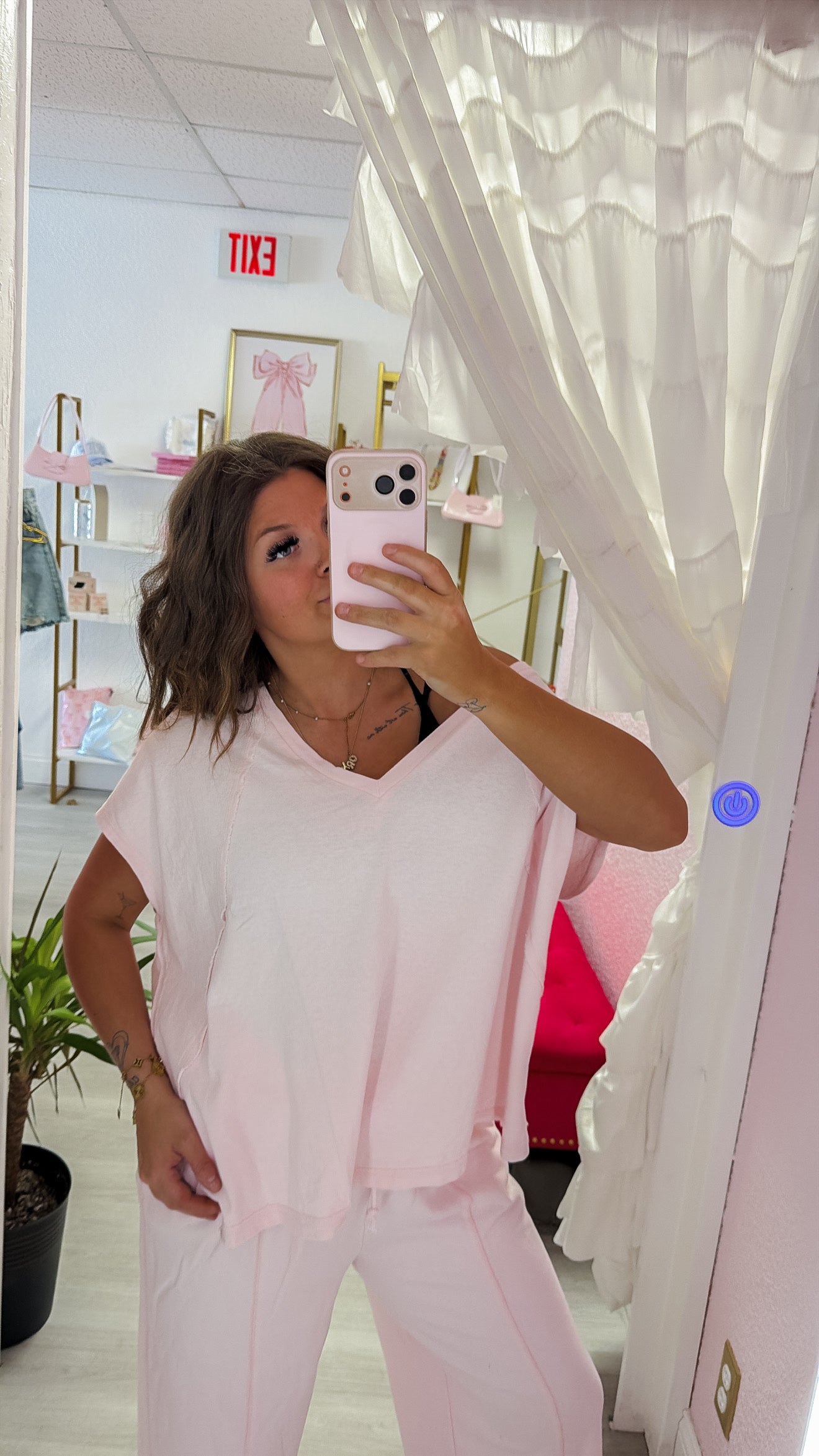 Oversized V-Neck Mineral Washed Top - Soft Pink