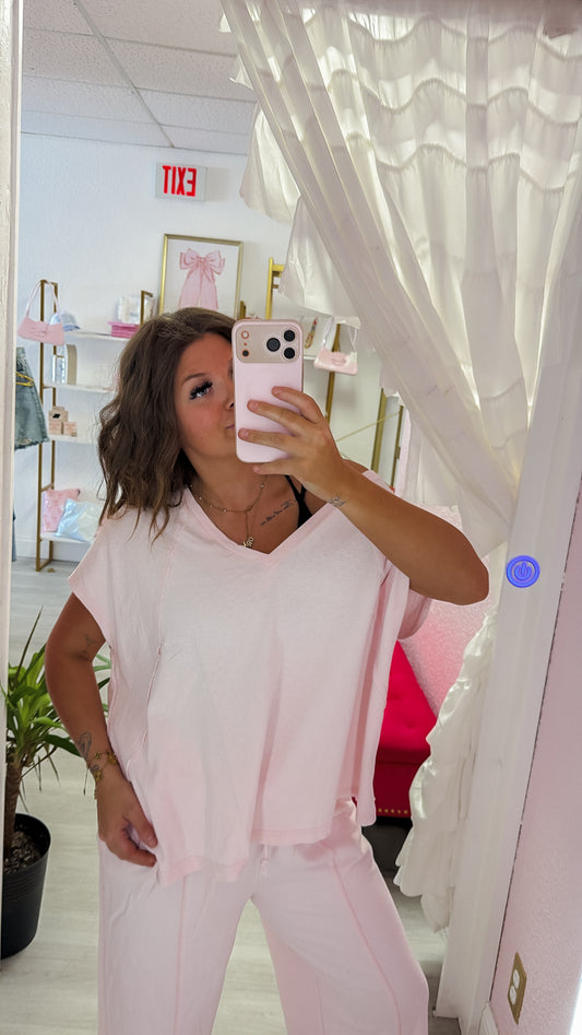 Oversized V-Neck Mineral Washed Top - Soft Pink