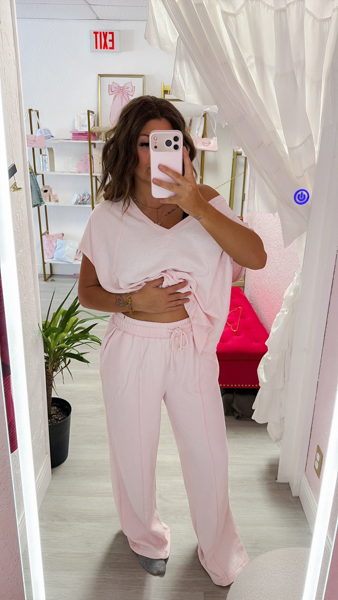Soft Pink Acid Wash French Terry Wide-Leg Pants