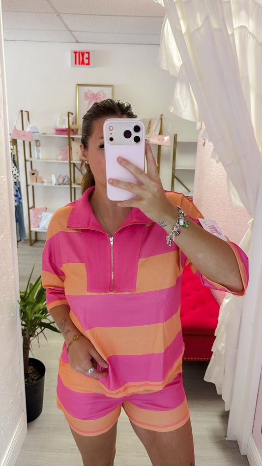 Stripe Seam Half Zip Oversize Tee Shorts Set