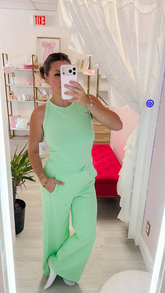 Ribbed Tank Top and Sweatpants Set - Green