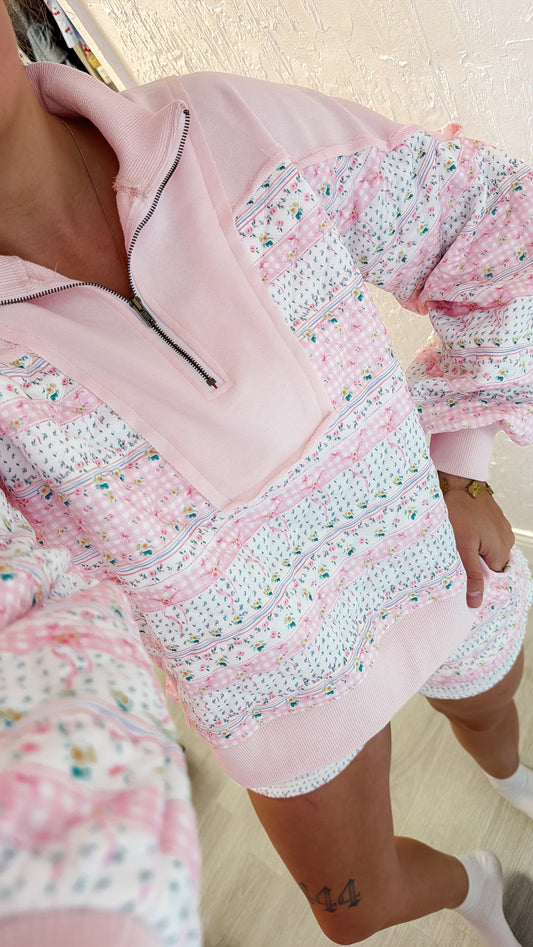 Pink Pastel Patchwork Quilted Half-zip Pullover Set