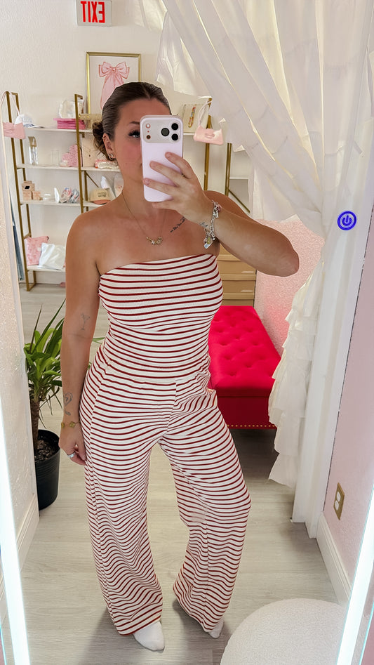 Red Strapless Striped Pants Set
