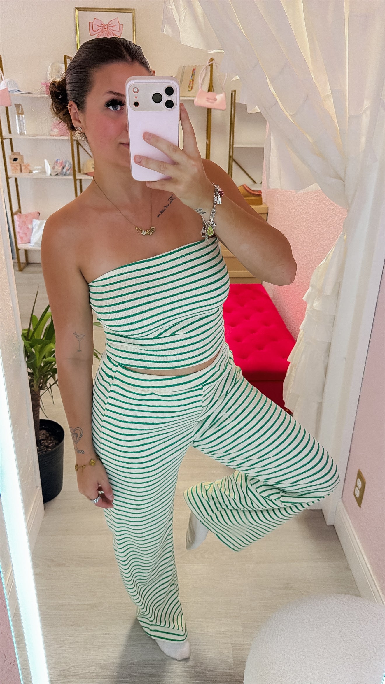 Green Strapless Striped Pants Set