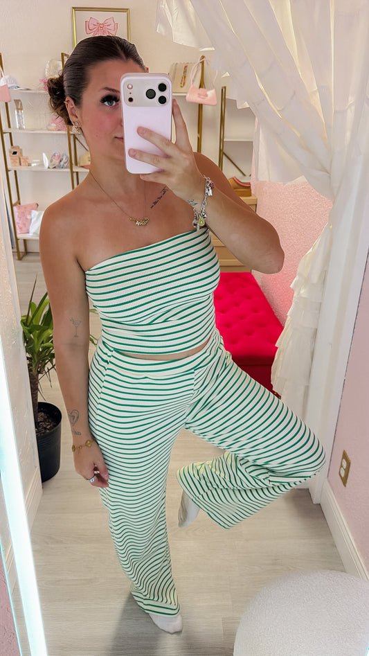 Green Strapless Striped Pants Set