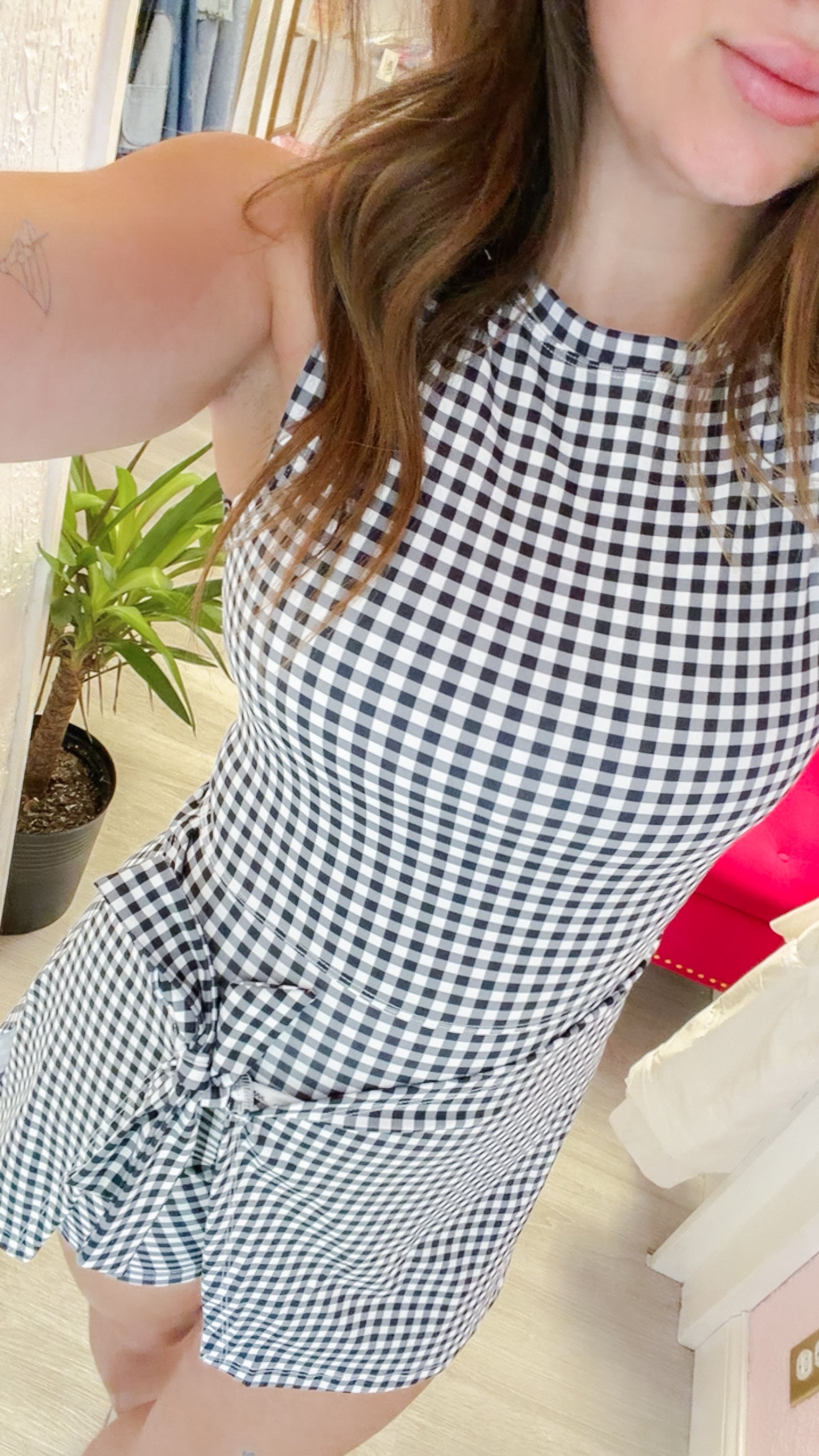 Black Gingham Print Sleeveless Wrap Tie Front Dress