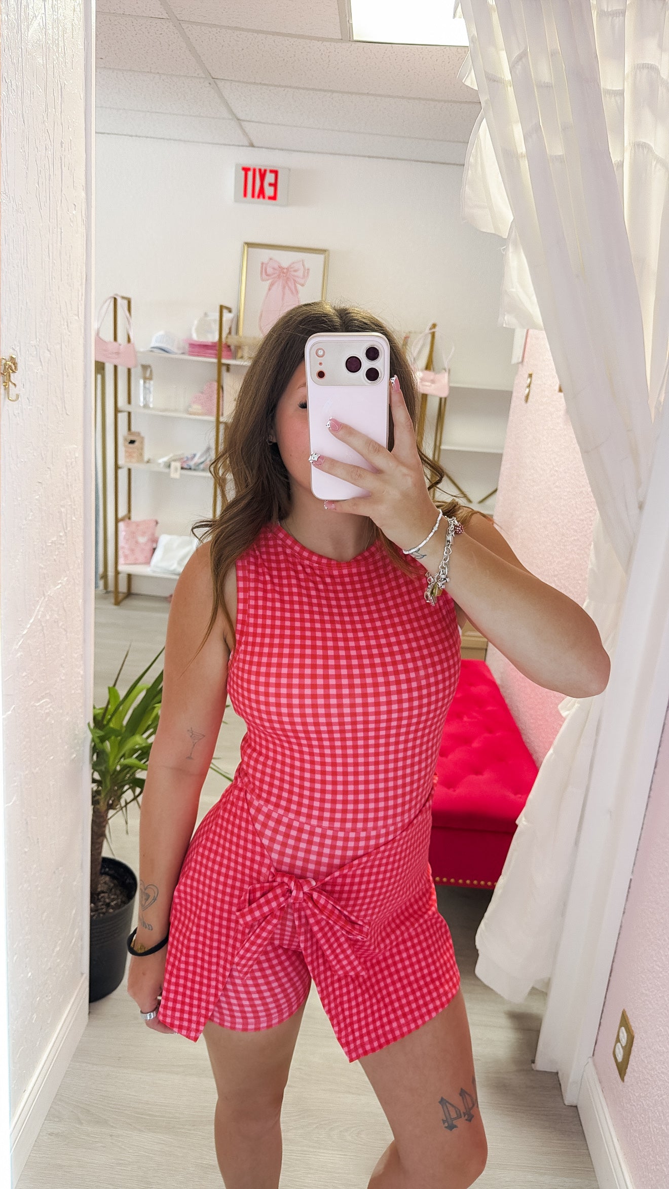 Hot Pink Gingham Print Sleeveless Wrap Tie Front Dress