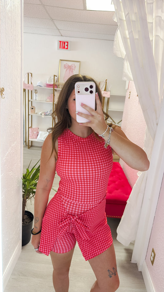 Hot Pink Gingham Print Sleeveless Wrap Tie Front Dress