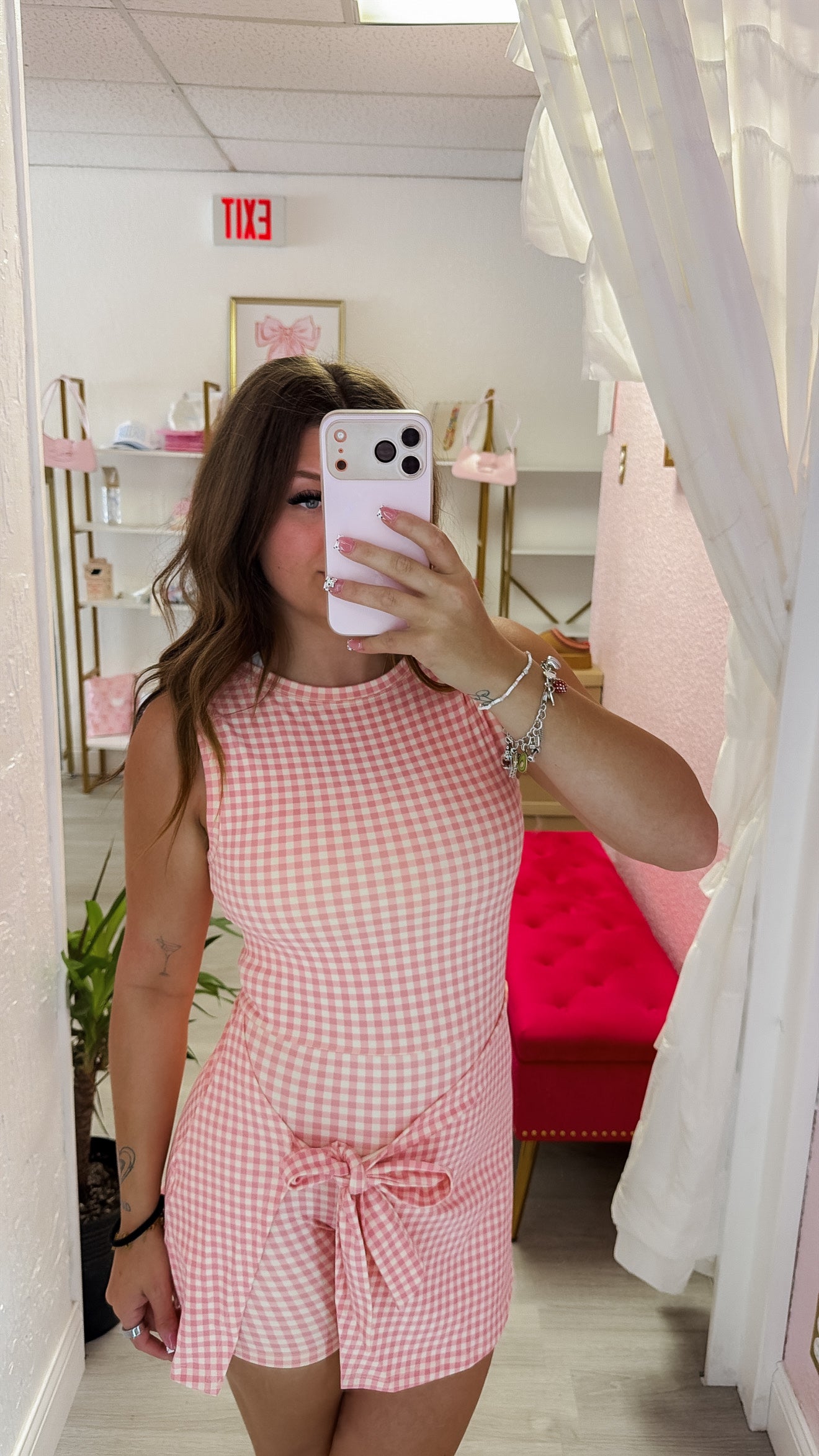 Pink Gingham Print Sleeveless Wrap Tie Front Dress