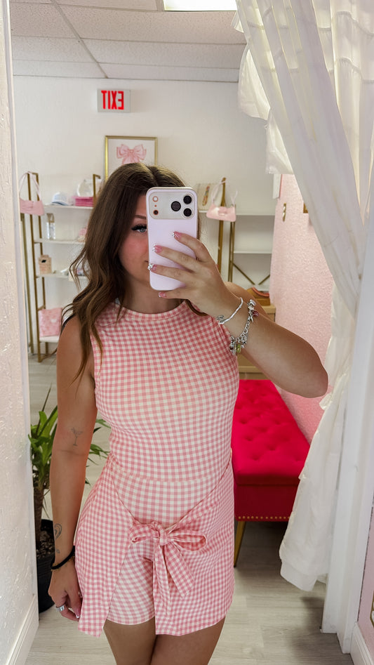 Pink Gingham Print Sleeveless Wrap Tie Front Dress