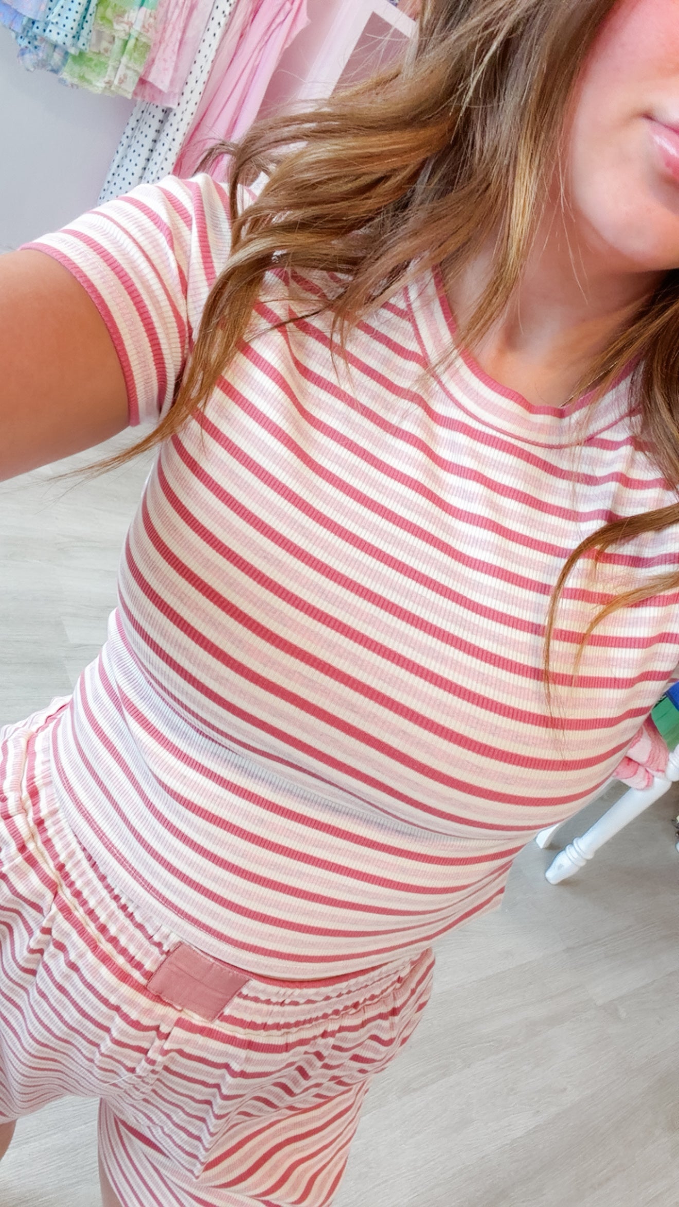 Rose pink Striped Ribbed Fitted Crop Lounge Top W/ Contrast Patch