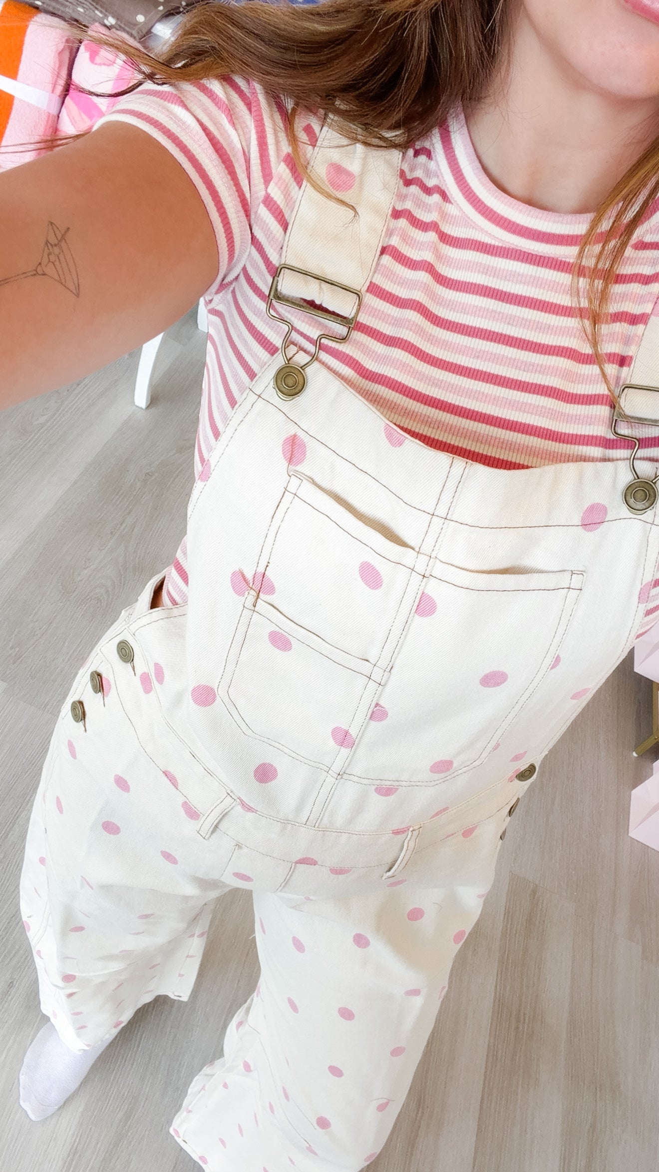 Pink Polka Dot Printed Denim Barrel Overall Jumpsuit