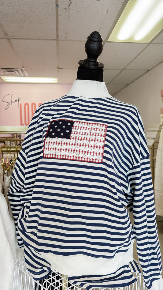 Stripe Mock Neck Sweatshirt Set with "USA"