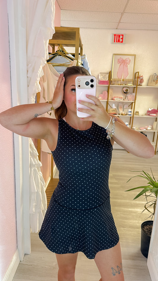 Black Polka Dot Print A-Line Mini Dress with Drop Waist