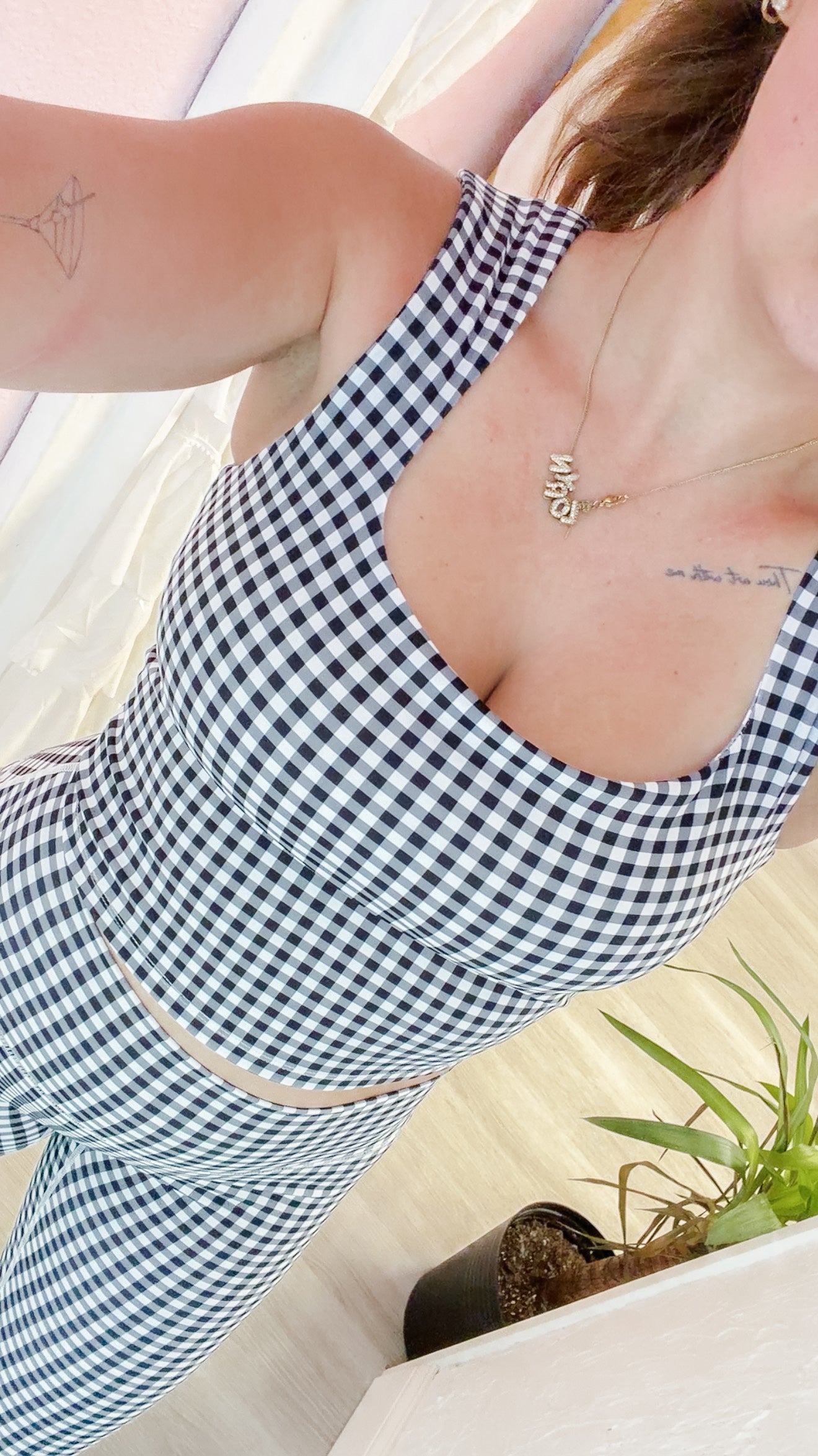 Gingham Print Wide Strap Fitted Tank