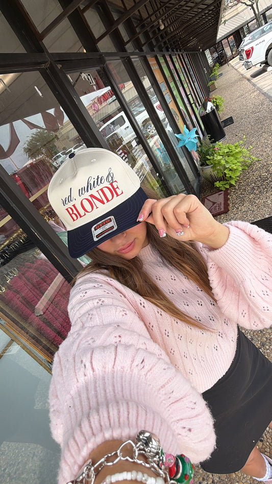 Red, White, & Blonde Cream/Navy Canvas Trucker