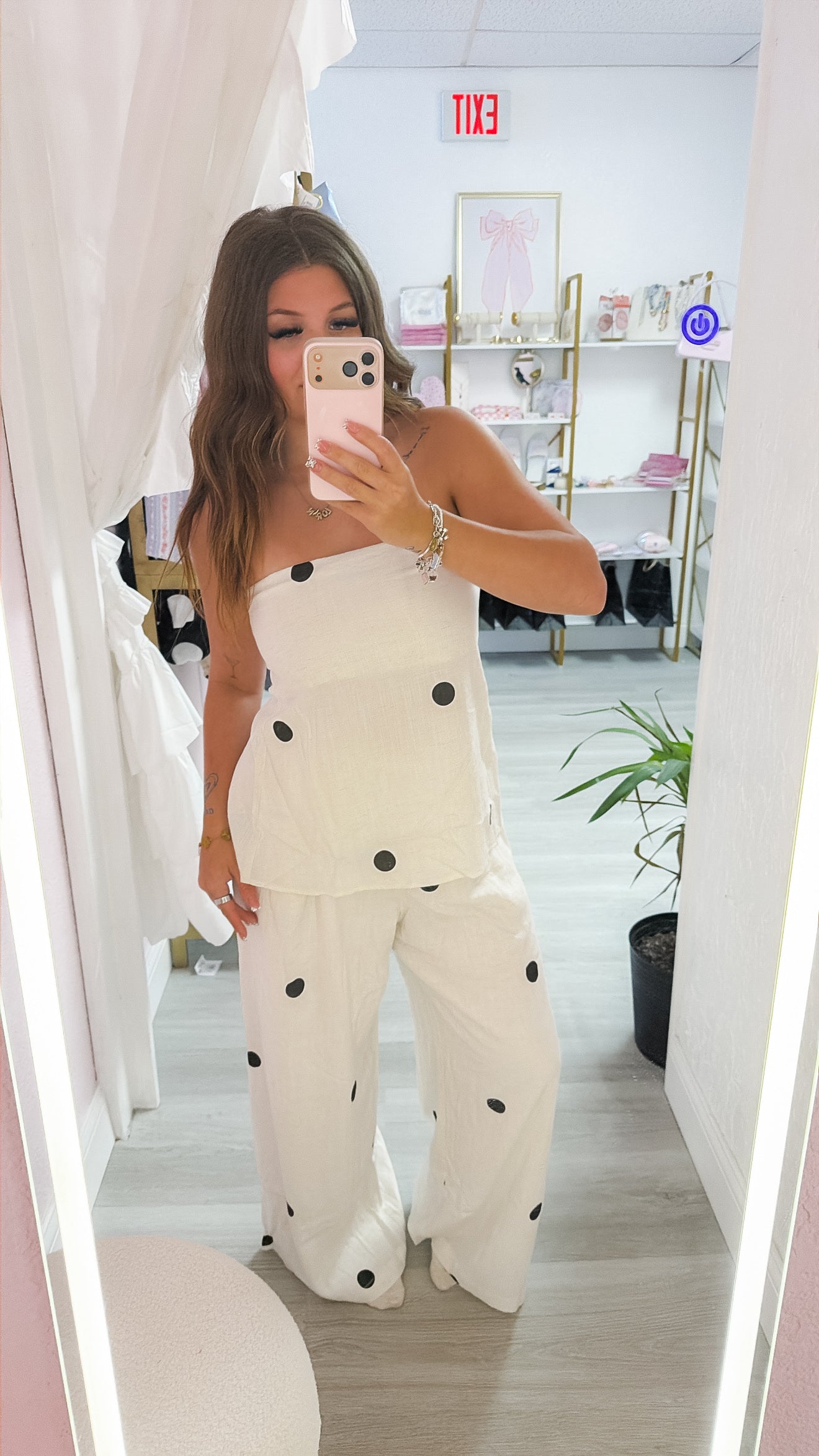 Off White Polka Dot Tube Top with Split Back and Wide Pants