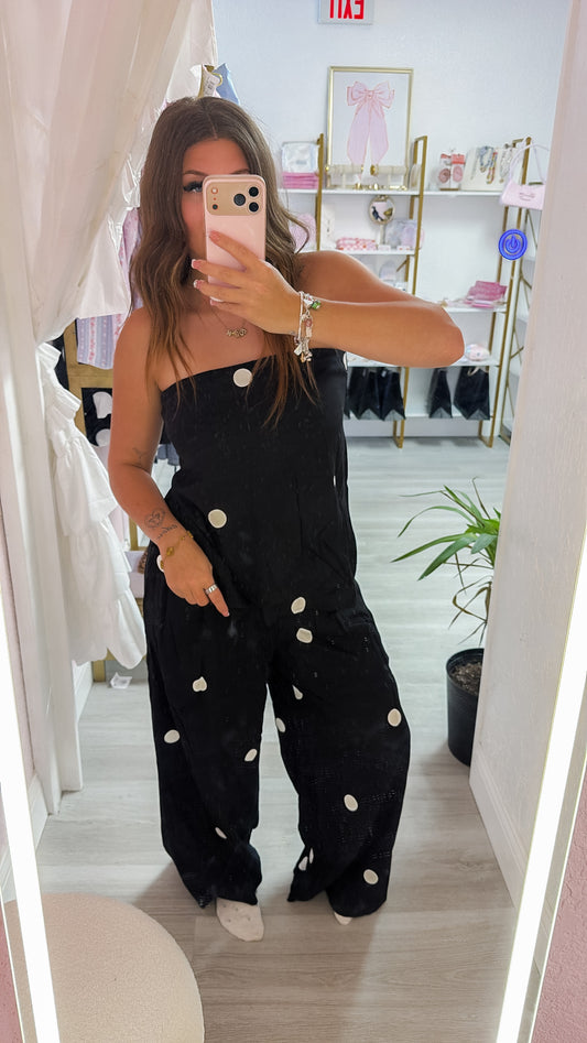 Black Polka Dot Tube Top with Split Back and Wide Pants