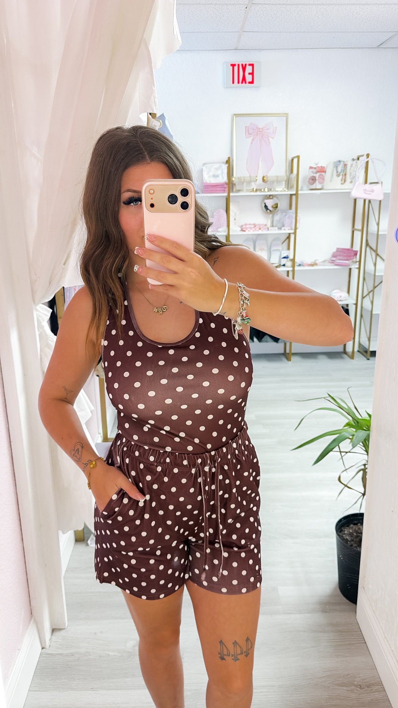 Brown Polka Dot Halter Tank Drawstring Shorts Set