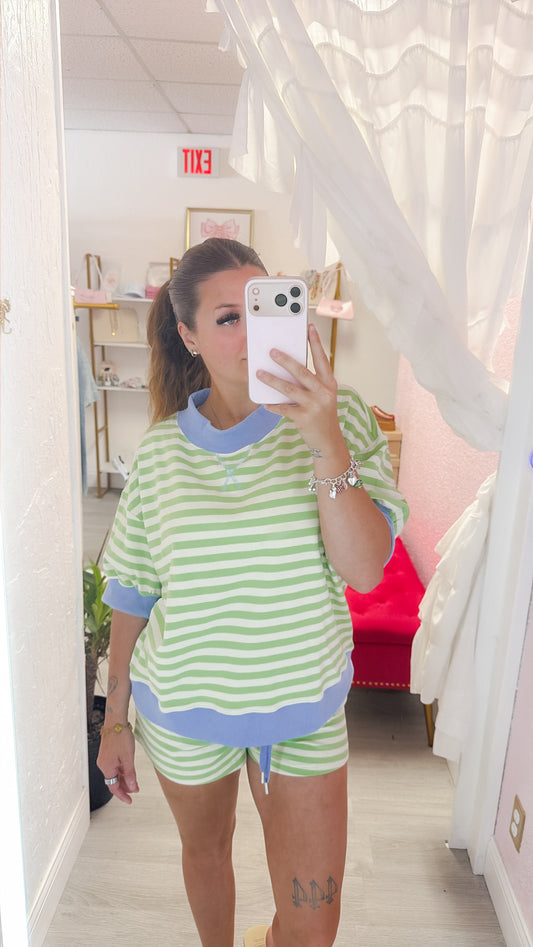 Mock Neck Striped Lounge Set W/ 3/4 Sleeve