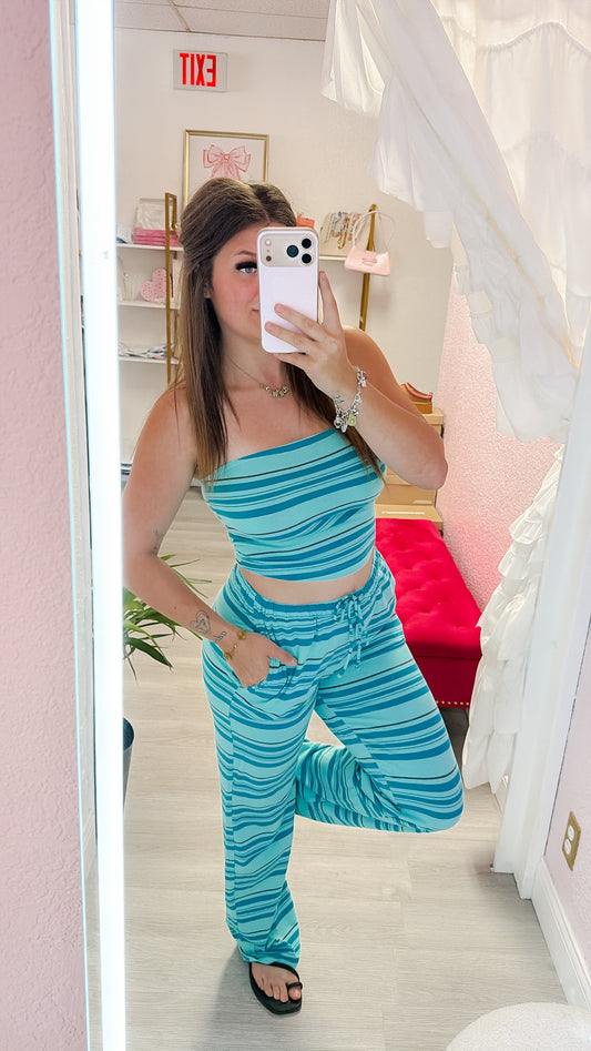 Teal Cotton Striped Tube Top and Wide Leg Pants Set
