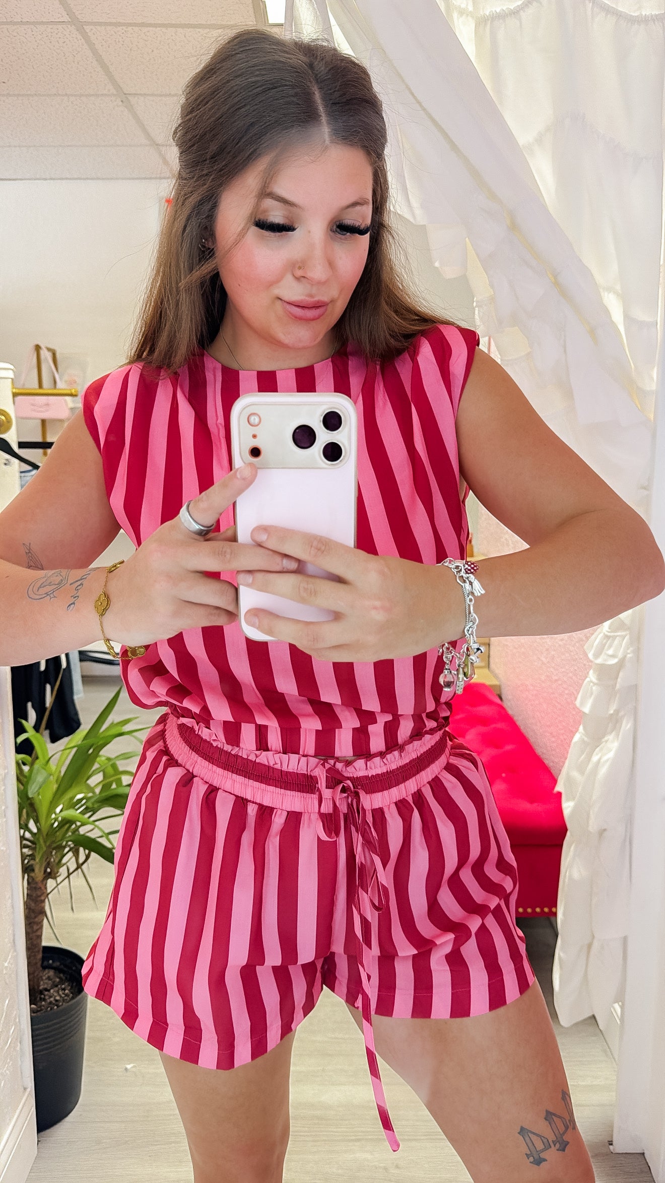 Fuchsia Stripe Shorts Elastic High Waist