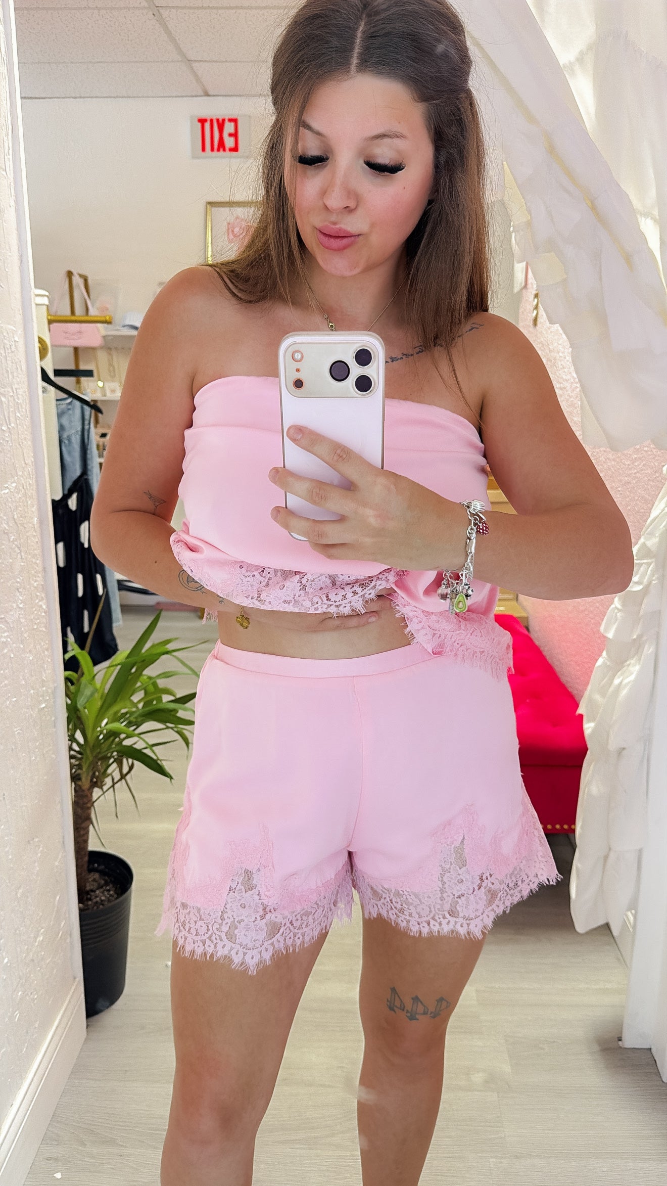 Baby Pink Lace Trim Detail Lounge Shorts