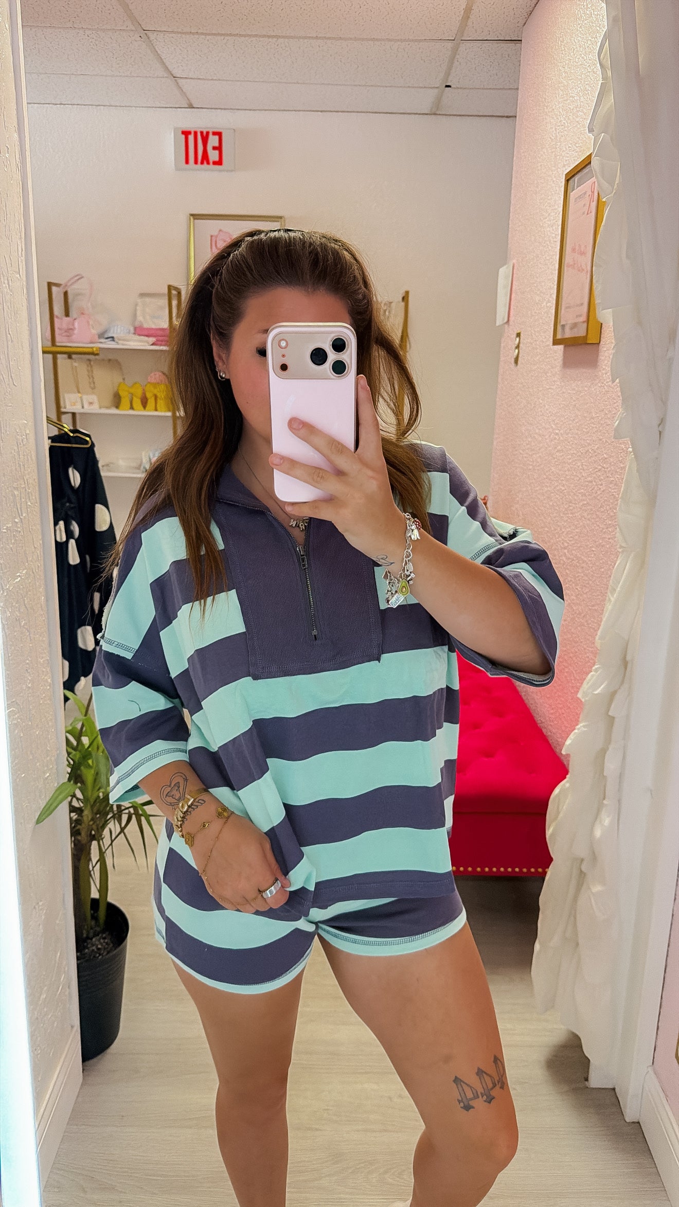 Mint Striped Half Zip Top and Shorts Set