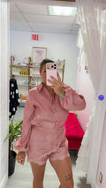 Silky Satin Shirt, Lace Shorts, and Scarf Set