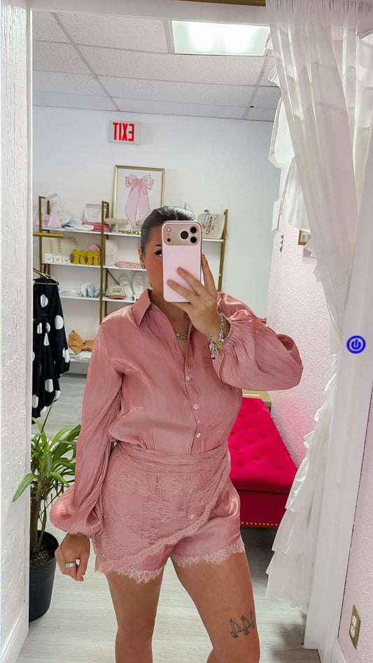 Silky Satin Shirt, Lace Shorts, and Scarf Set