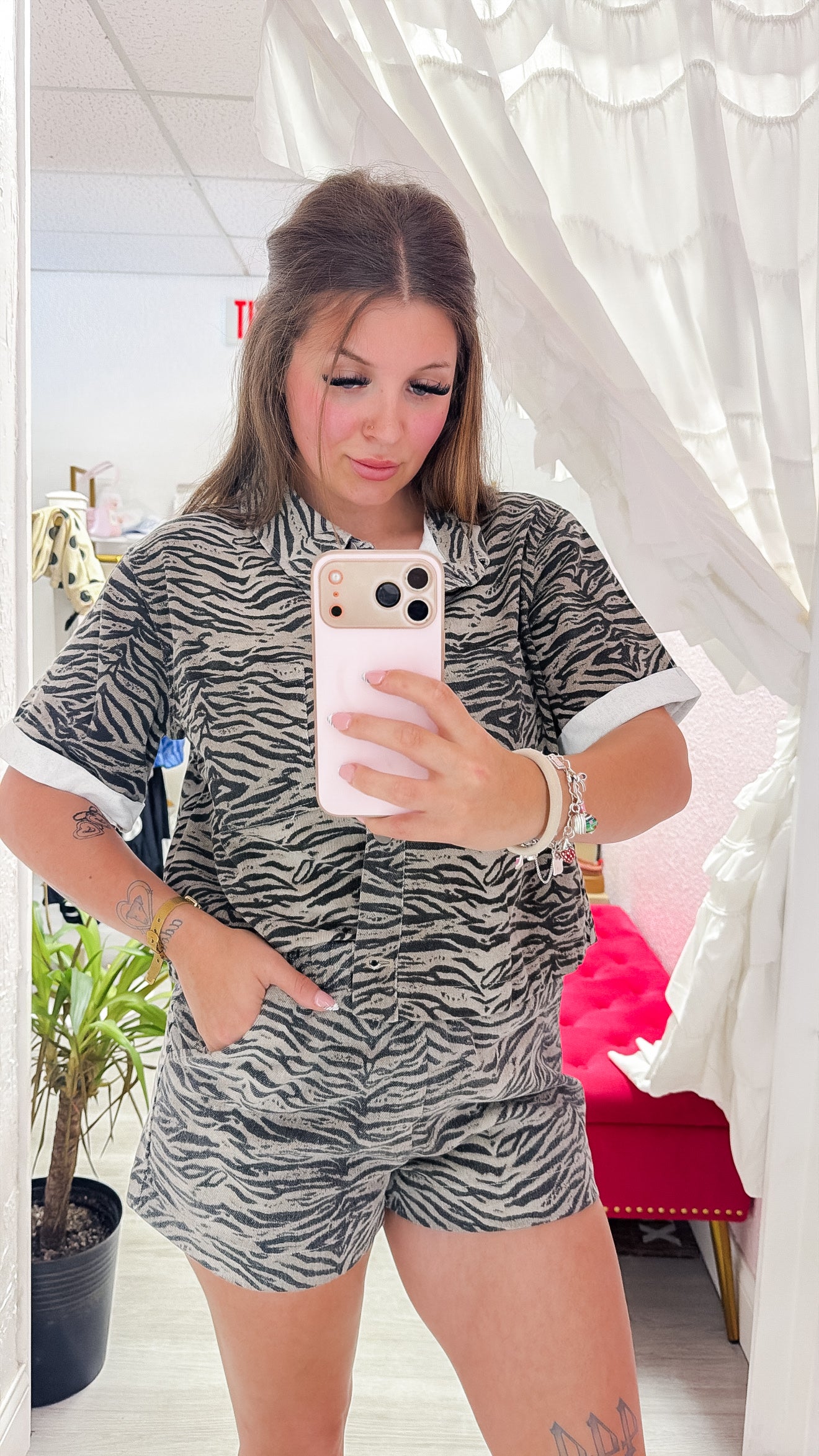 Tiger Print Denim Shorts W/ Elastic Waistband