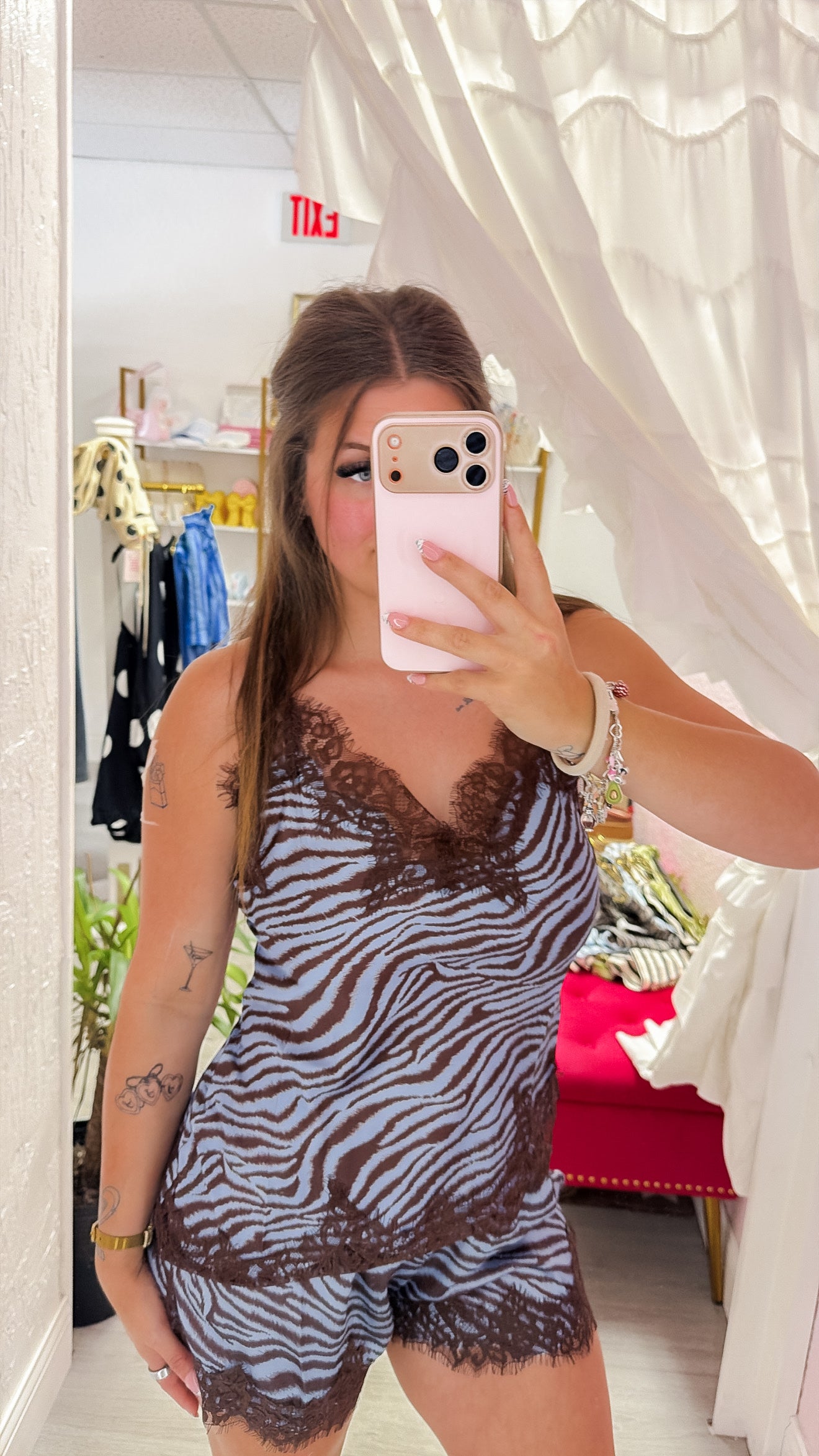 Blue & Brown Zebra Lace Trim Cami Satin Top