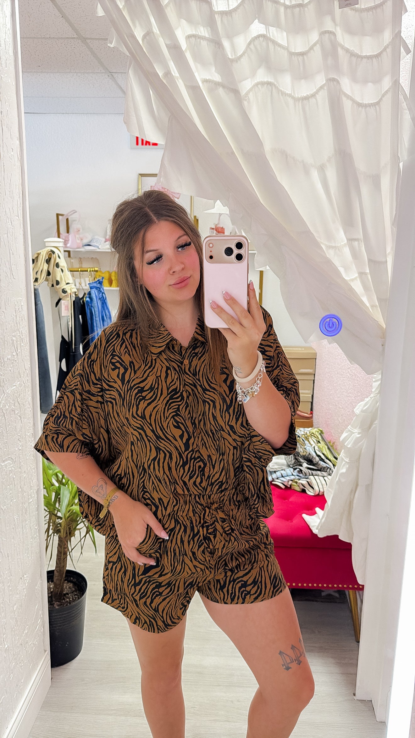 Tiger Print Boxy Cropped Shirt W/ Matching Shorts Set