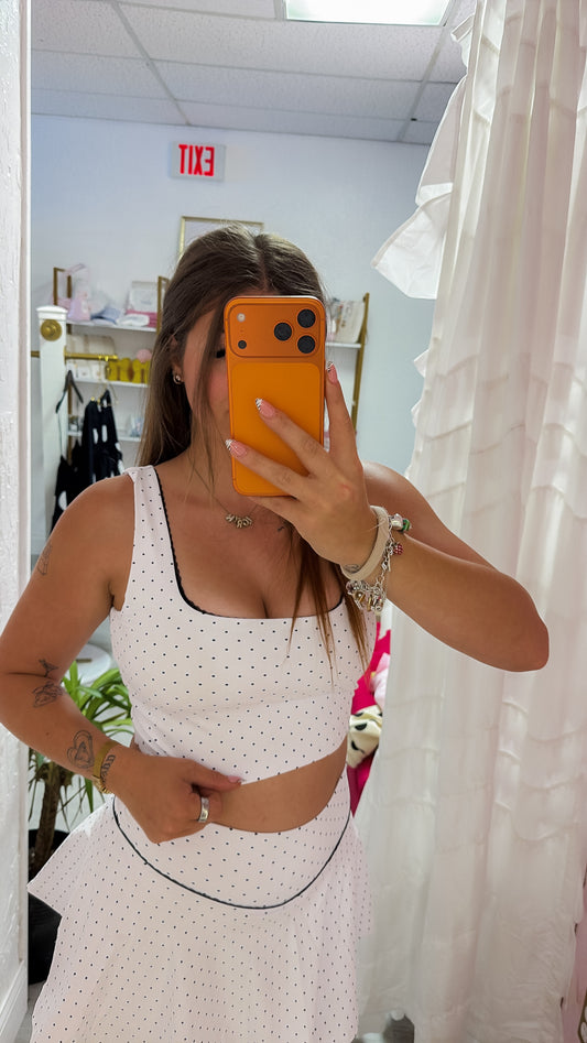 White Polka Dot Print Crop Tank with Lace Trim