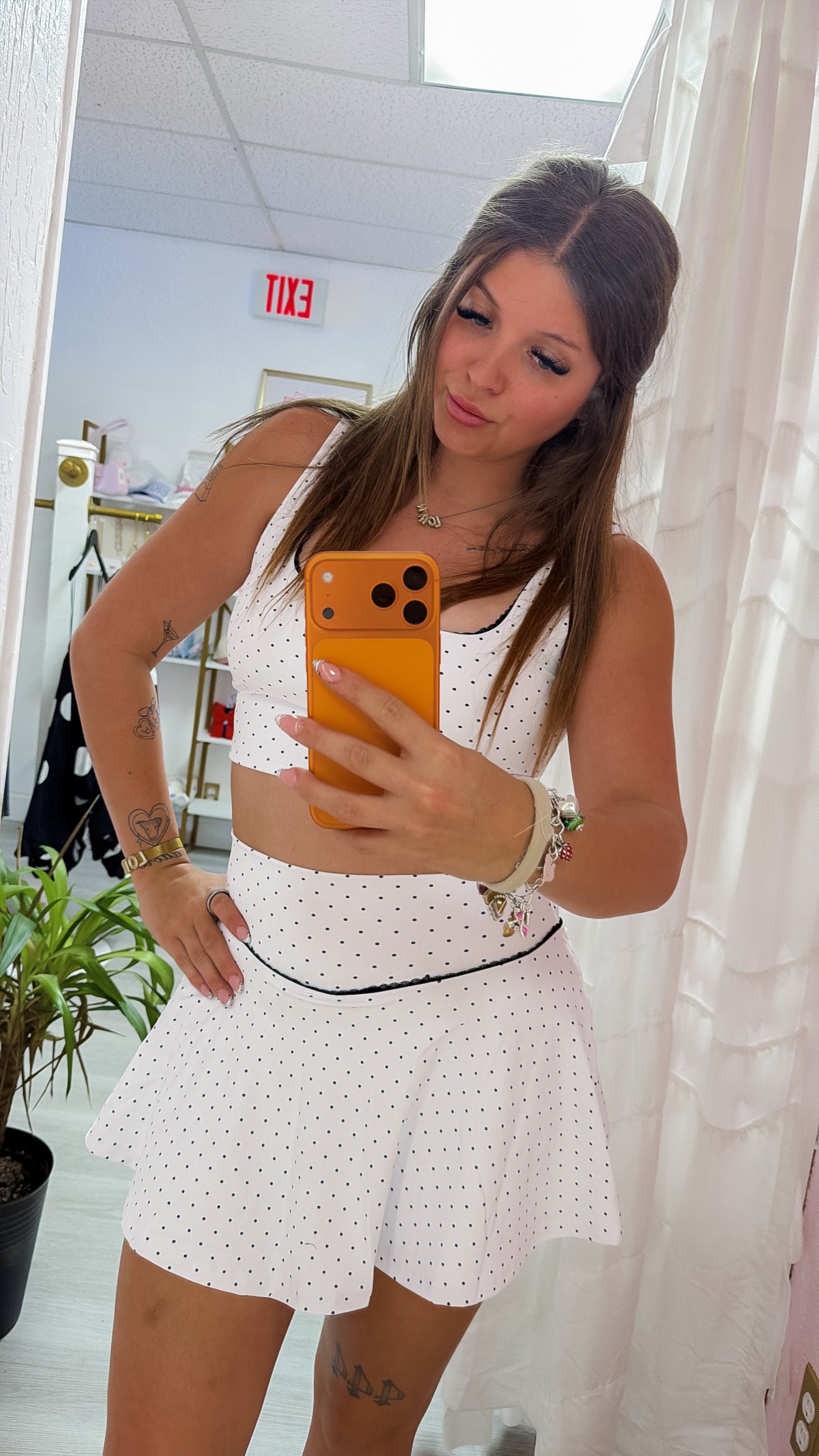 White Polka Dot Print Mini Circle Skort with Bow Back and Lace