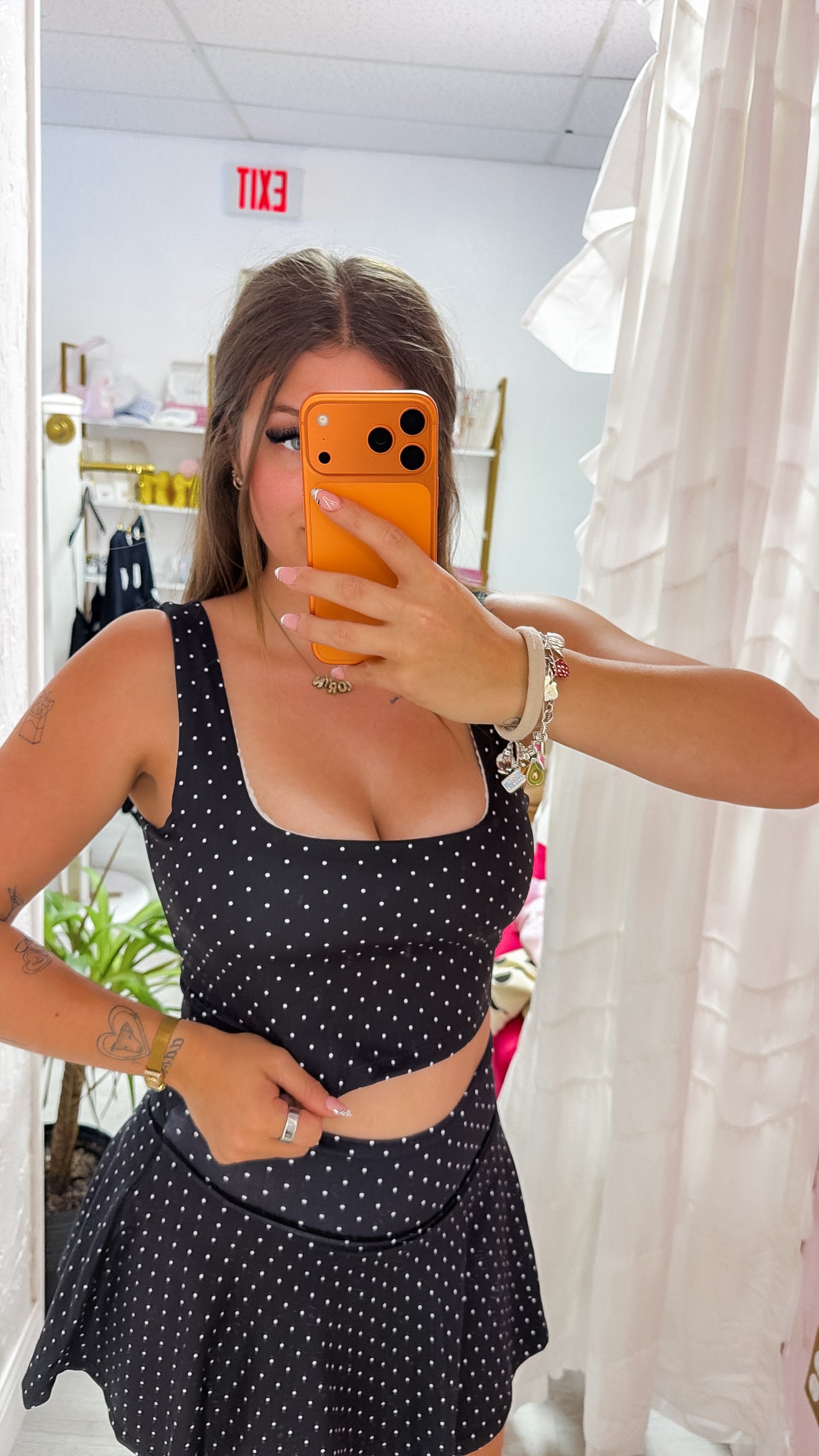 Black Polka Dot Print Crop Tank with Lace Trim