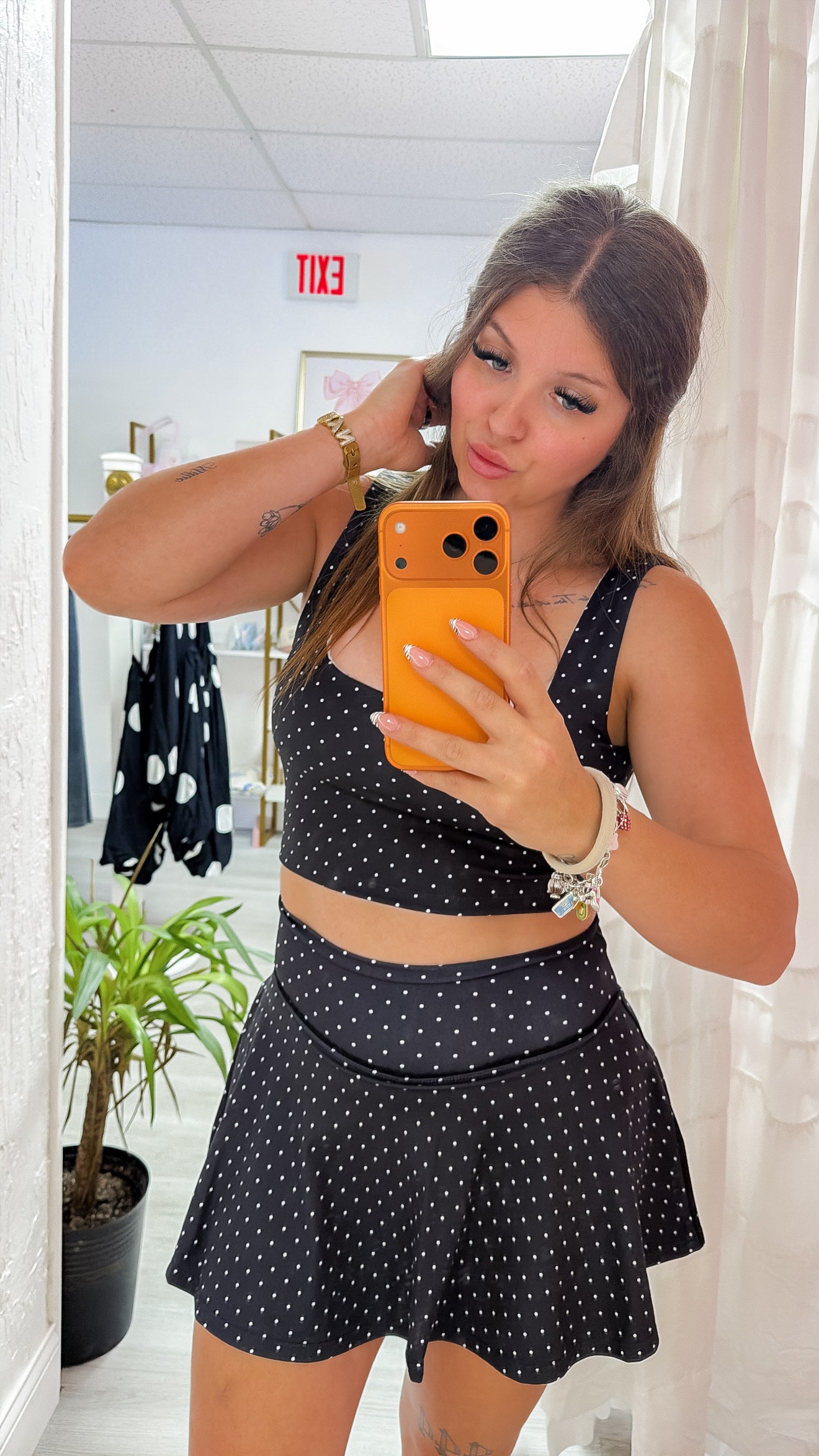 Black Polka Dot Print Mini Circle Skort with Bow Back and Lace