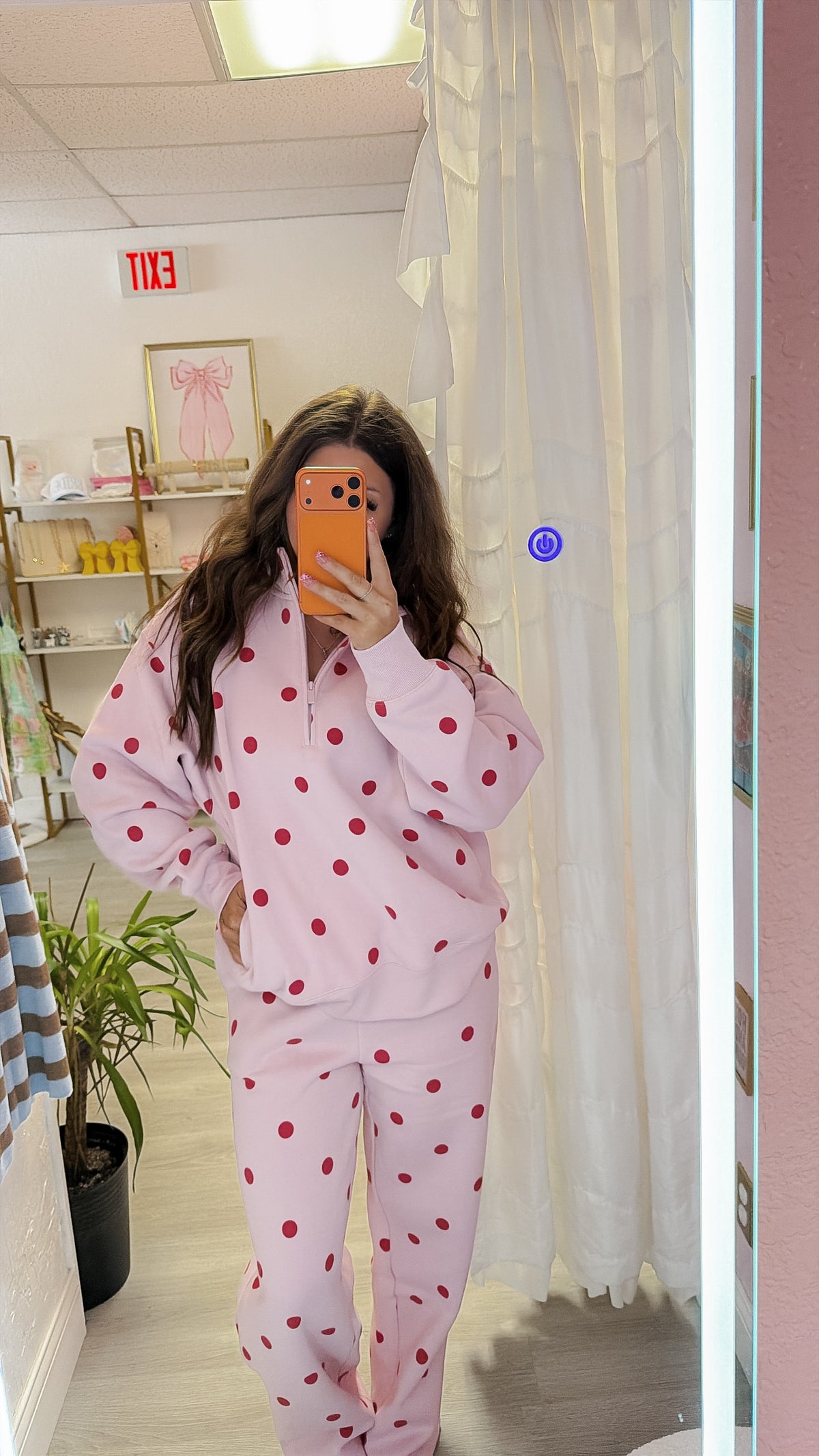Pink Polka Dot Printed Quarter Zip Fleeced Sweatshirt And Pants
