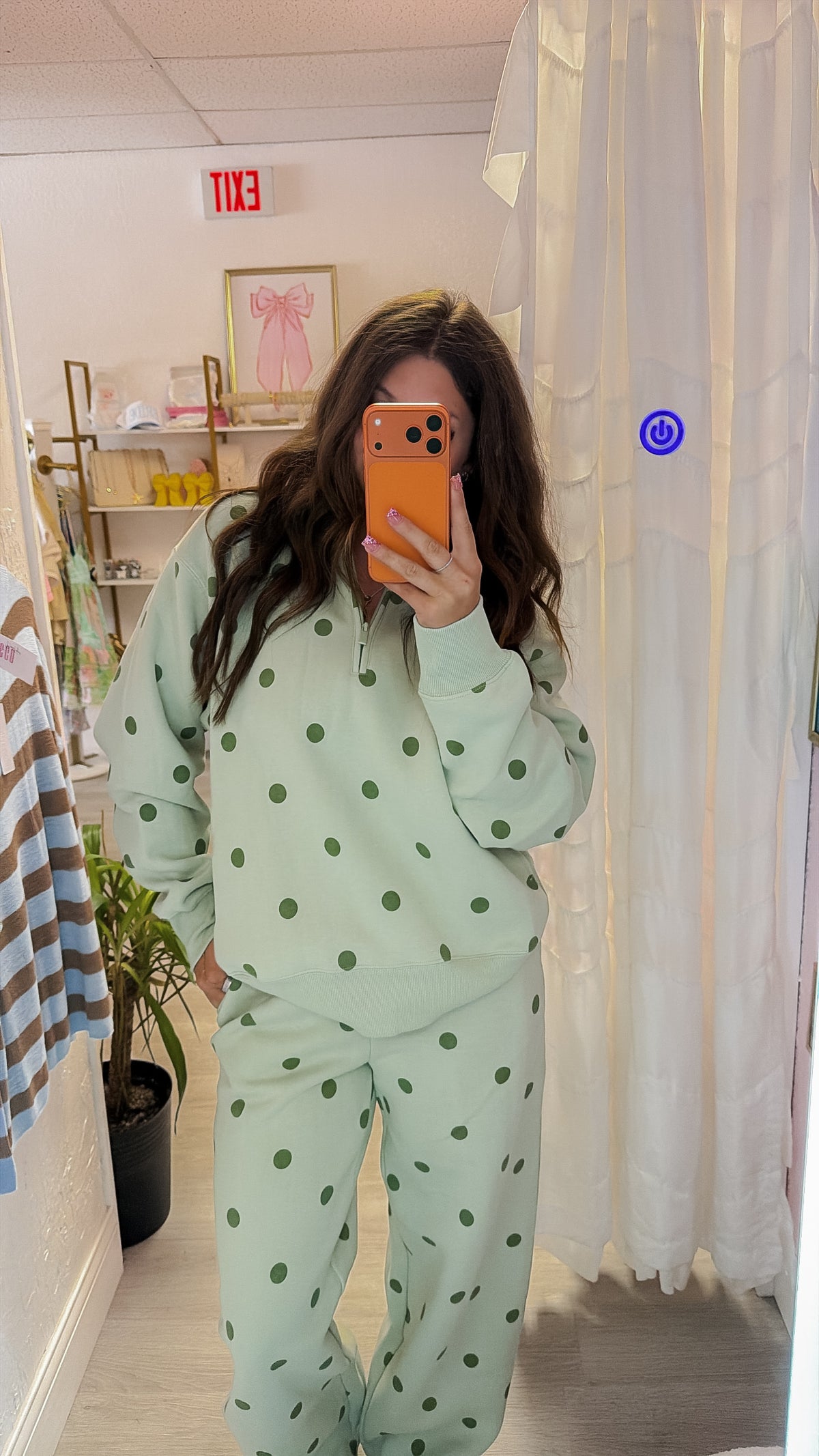 Green Polka Dot Printed Quarter Zip Fleeced Sweatshirt And Pants