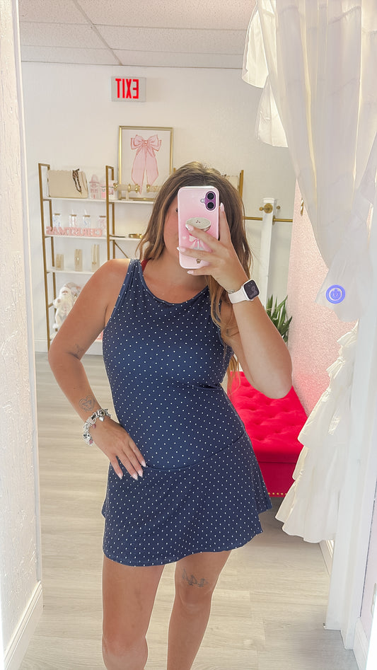 Navy Polka Dot A Line Dress
