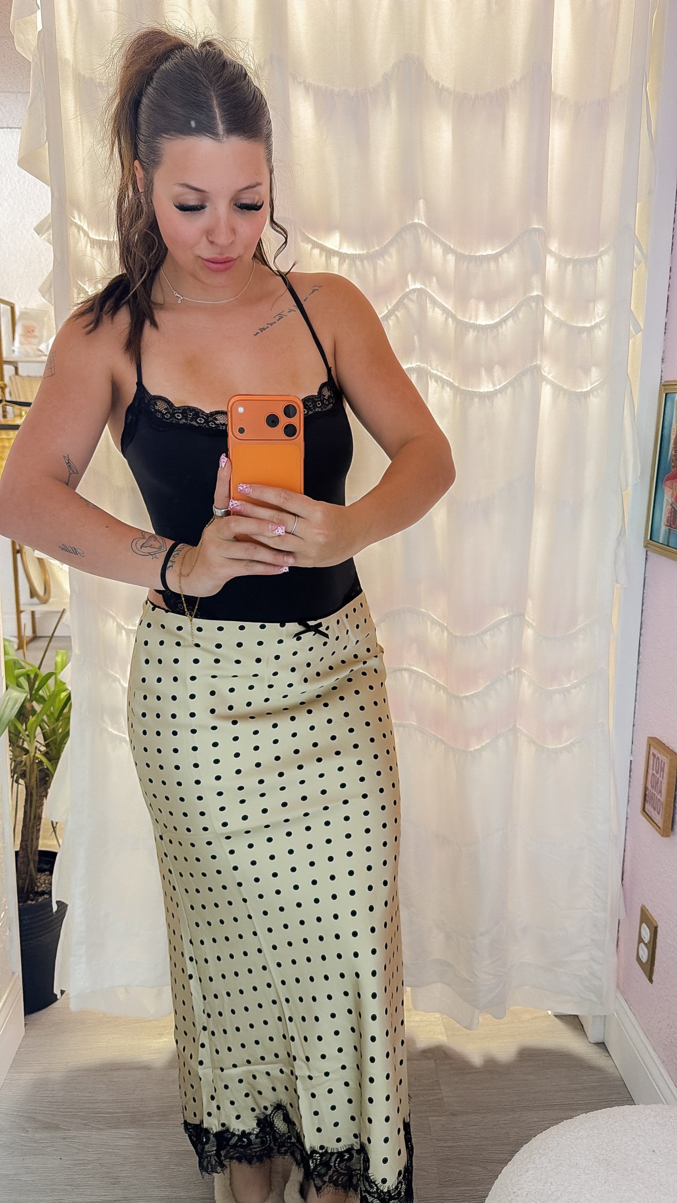 Champagne Polka Dot Lace Maxi Skirt