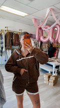 Leah Ruffle Trim Zip-Up Hoodie - brown