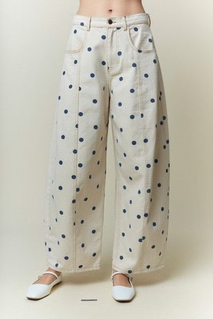 Polka Dot Printed Wide Denim Pants