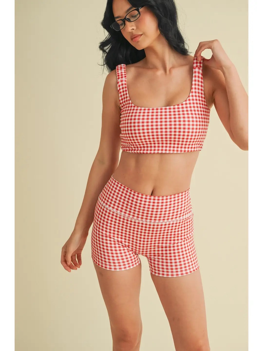 Berry Red Gingham Rouched Sports Bra