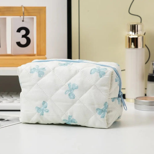 Quilted Cotton Checker Bow Makeup Bag